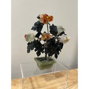Chinese Hardstone Jade Tree Vintage Stone & Glass Flower Wired JL